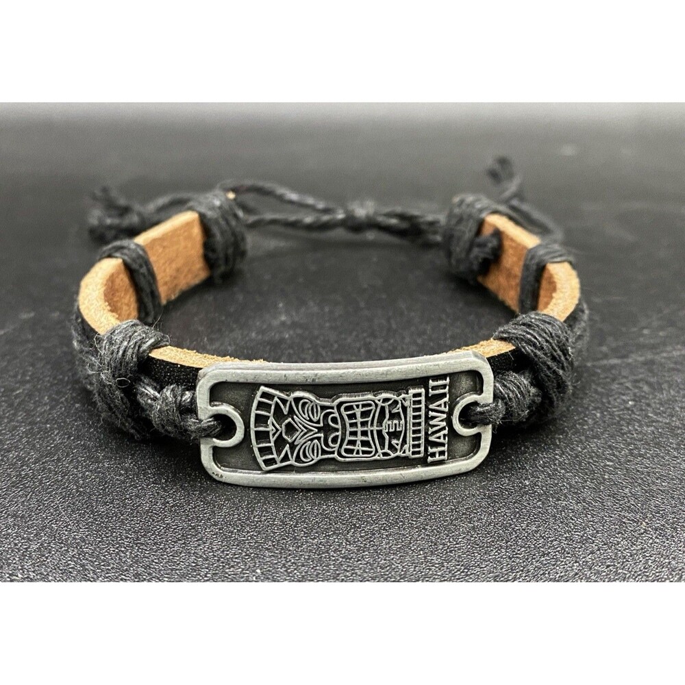 Leather Black with Hawaii Tiki Badge Adjustable Handmade Unisex Bracelet